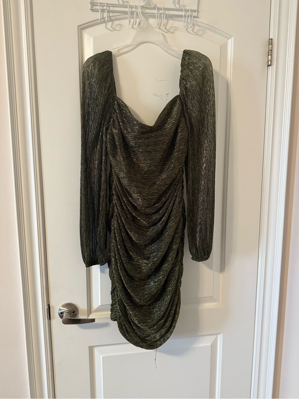 le chateau Olive Green Metallic Draped Long Sleeve Dress